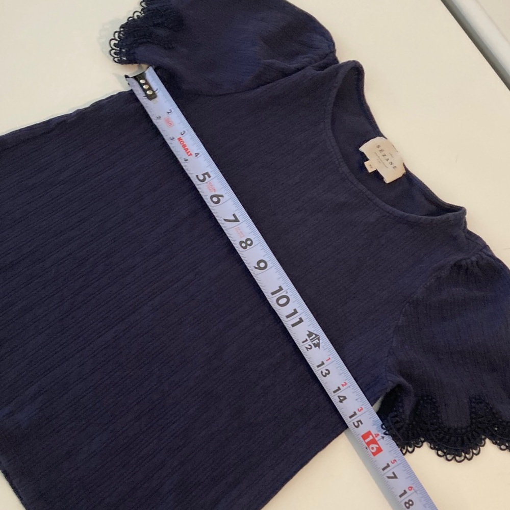 SEZANE CLEA TEE SHIRT 100% Cotton Ribbed Lace Sleeves Navy Blue XS - Picture 10 of 11